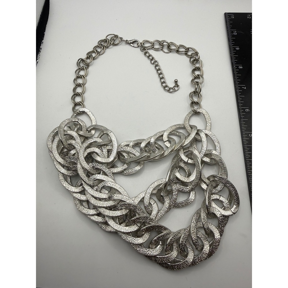 Chunky Silver Tone Multi Strand Statement Necklace Textured Hammered Link 21"